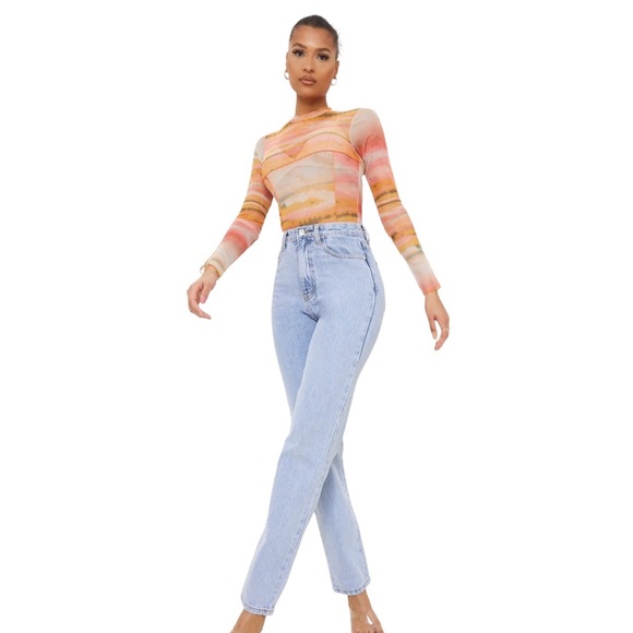 PrettyLittleThing Mesh High Neck Bodysuit Orange Size 4 - Picture 3 of 8